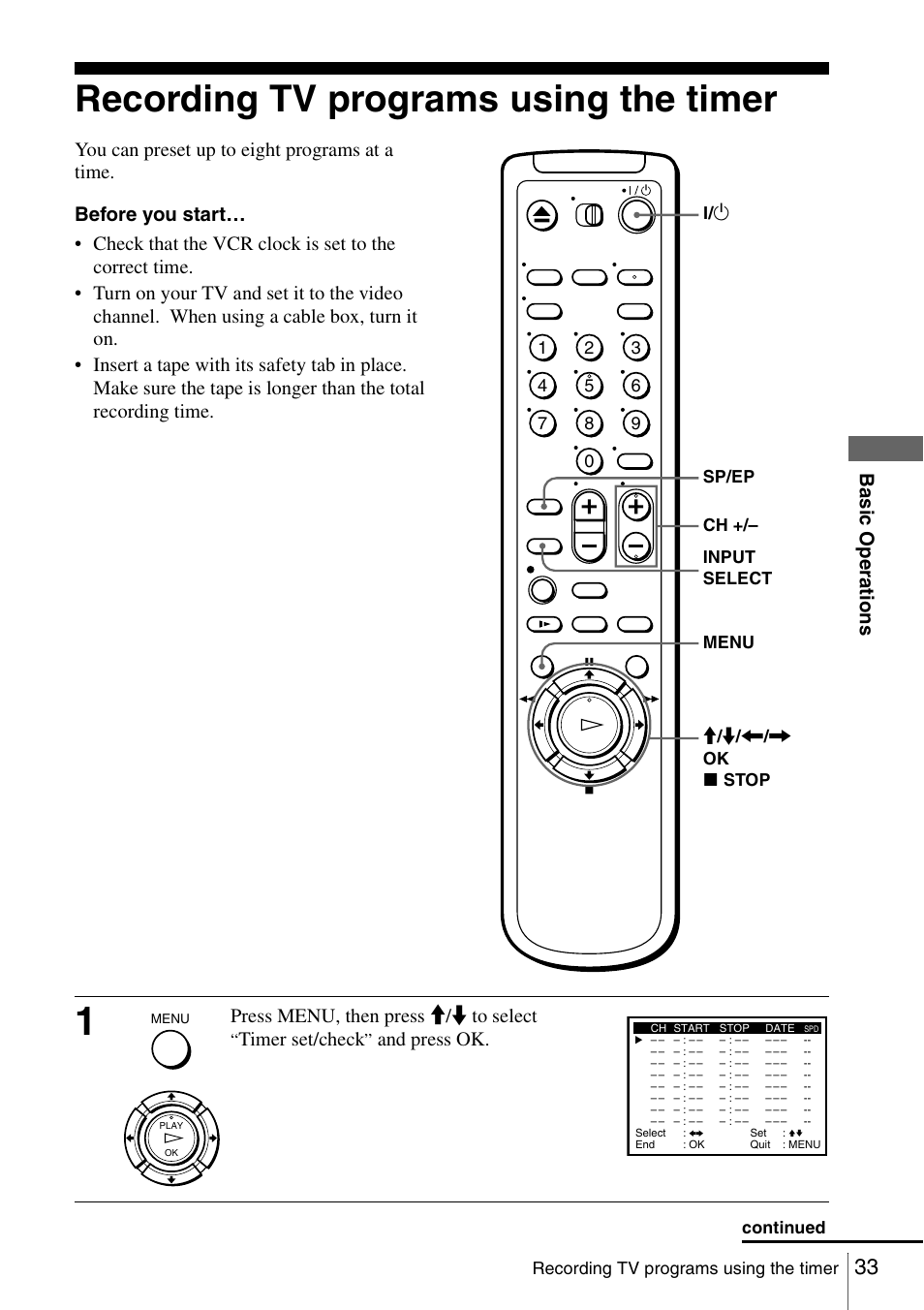 Recording tv programs using the timer, 33 r, Ba sic o p er at ions | Press menu, then press m/m to select, Timer set/check, And press ok | Sony SLV-N51 User Manual | Page 33 / 60