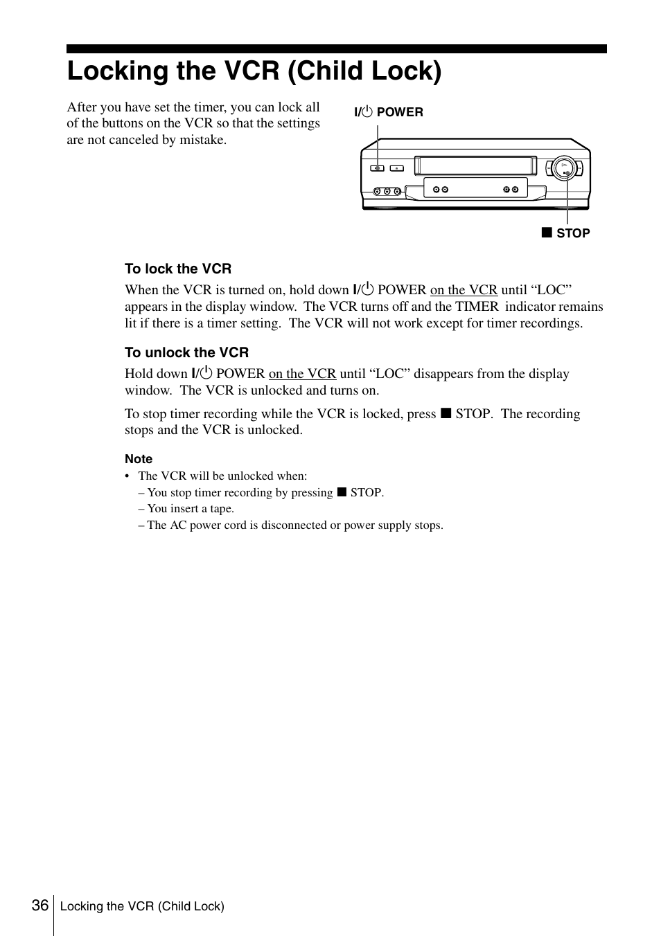 Locking the vcr (child lock), 36 lo | Sony SLV-N51 User Manual | Page 36 / 60