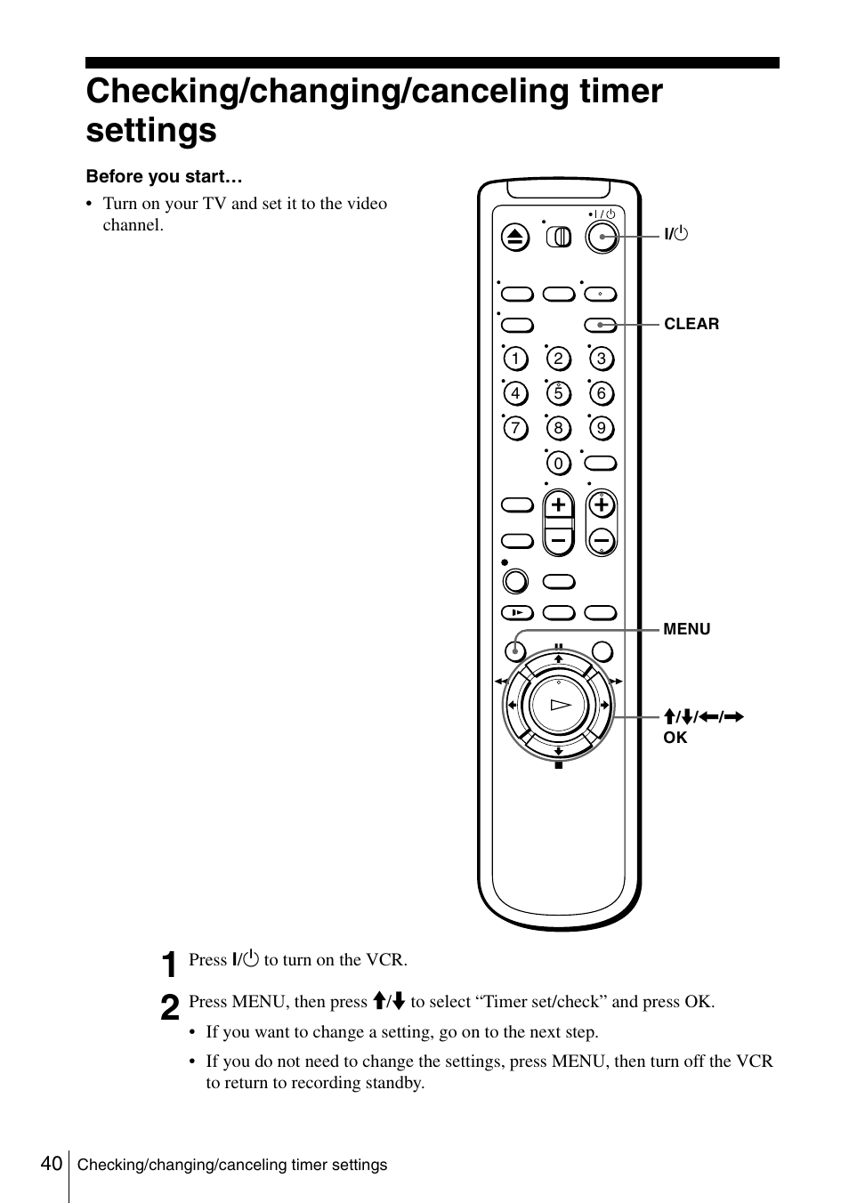 Checking/changing/canceling timer settings, 40 c | Sony SLV-N51 User Manual | Page 40 / 60
