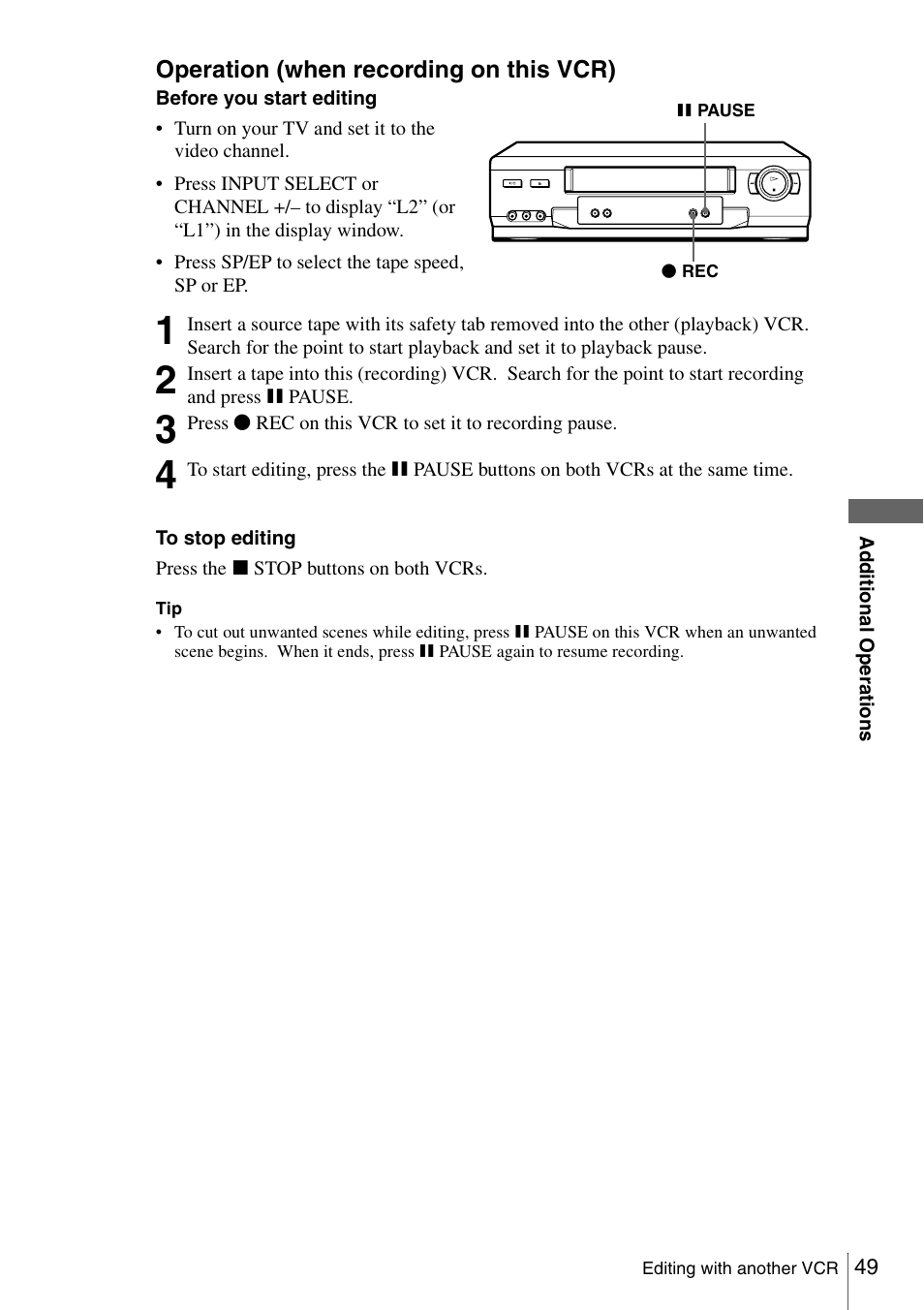 Operation (when recording on this vcr) | Sony SLV-N51 User Manual | Page 49 / 60