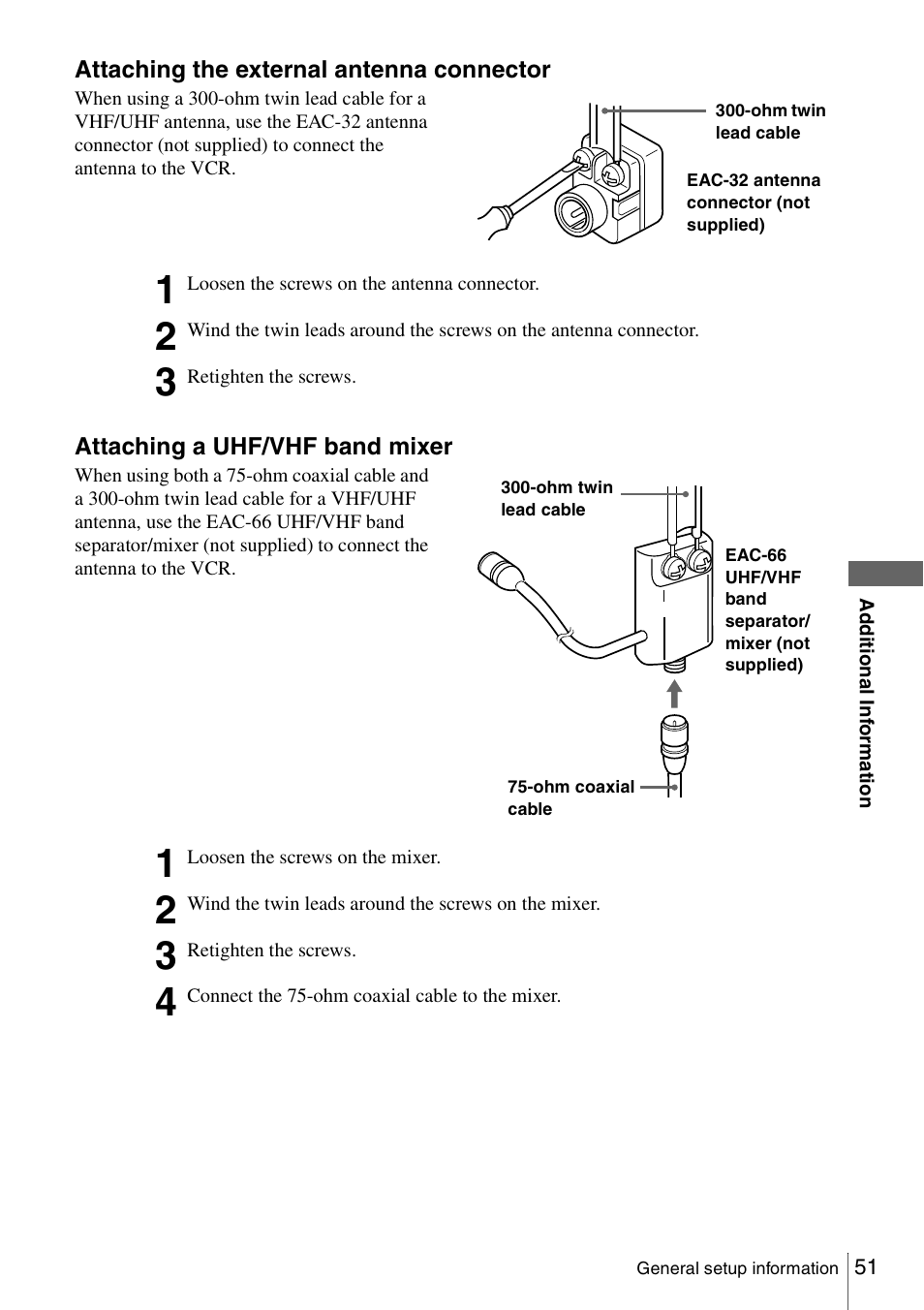 Attaching the external antenna connector, Attaching a uhf/vhf band mixer | Sony SLV-N51 User Manual | Page 51 / 60
