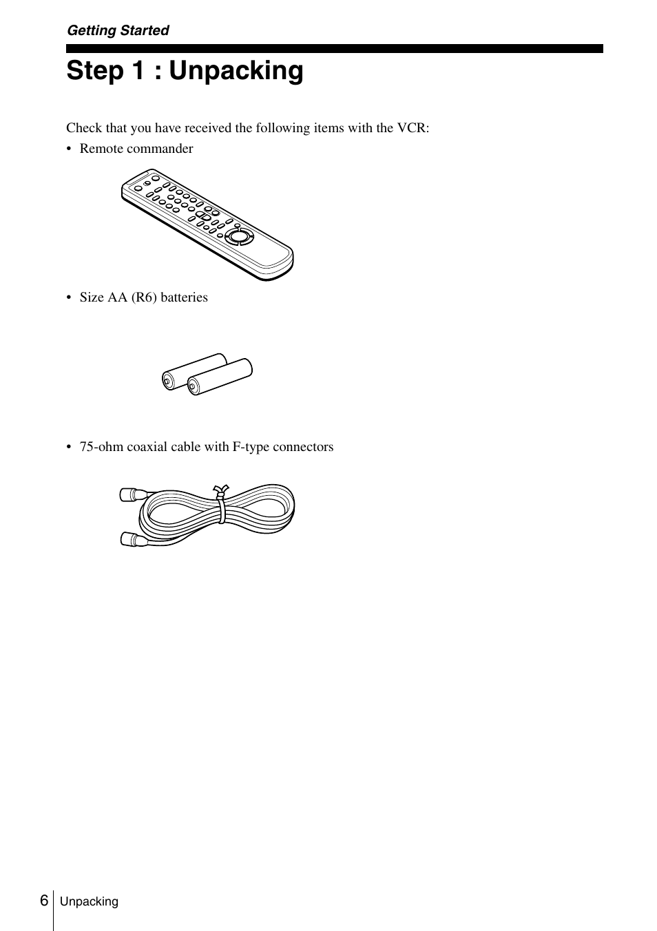 Step 1 : unpacking, Getting started | Sony SLV-N51 User Manual | Page 6 / 60