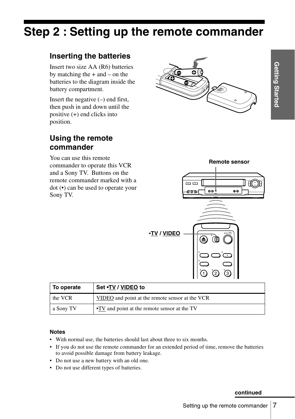 Step 2 : setting up the remote commander, Inserting the batteries, Using the remote commander | Sony SLV-N51 User Manual | Page 7 / 60