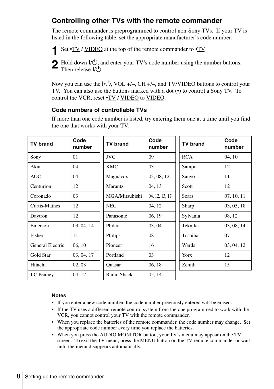 Controlling other tvs with the remote commander | Sony SLV-N51 User Manual | Page 8 / 60