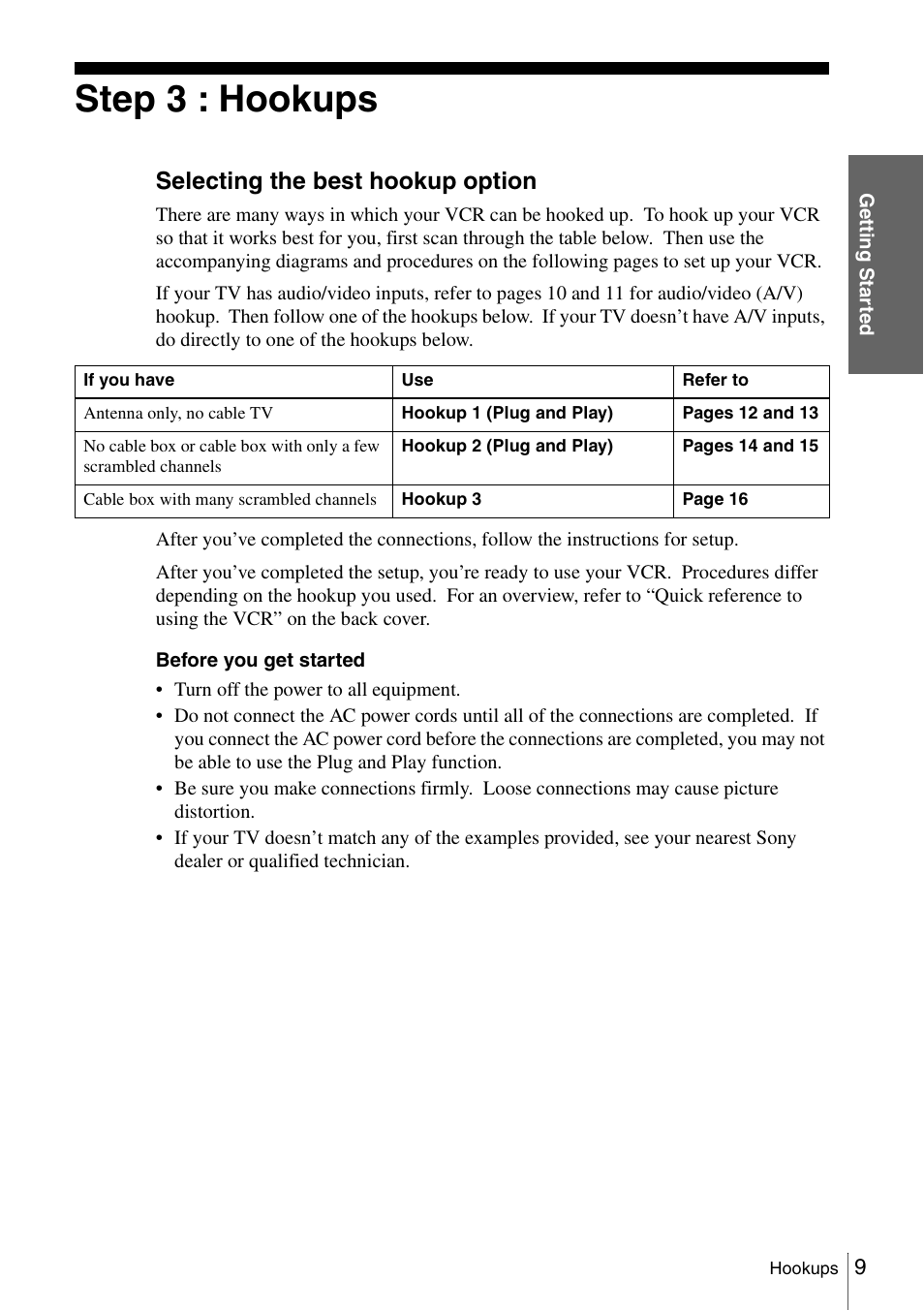 Step 3 : hookups, Selecting the best hookup option | Sony SLV-N51 User Manual | Page 9 / 60