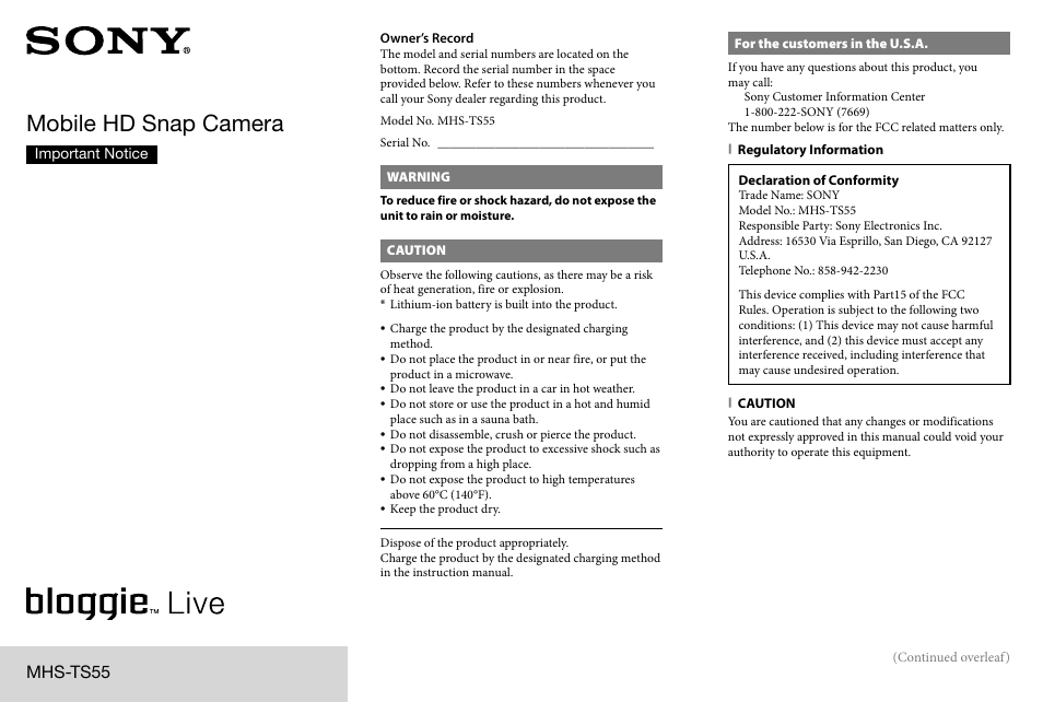 Sony bloggie MHS-TS55 User Manual | 2 pages