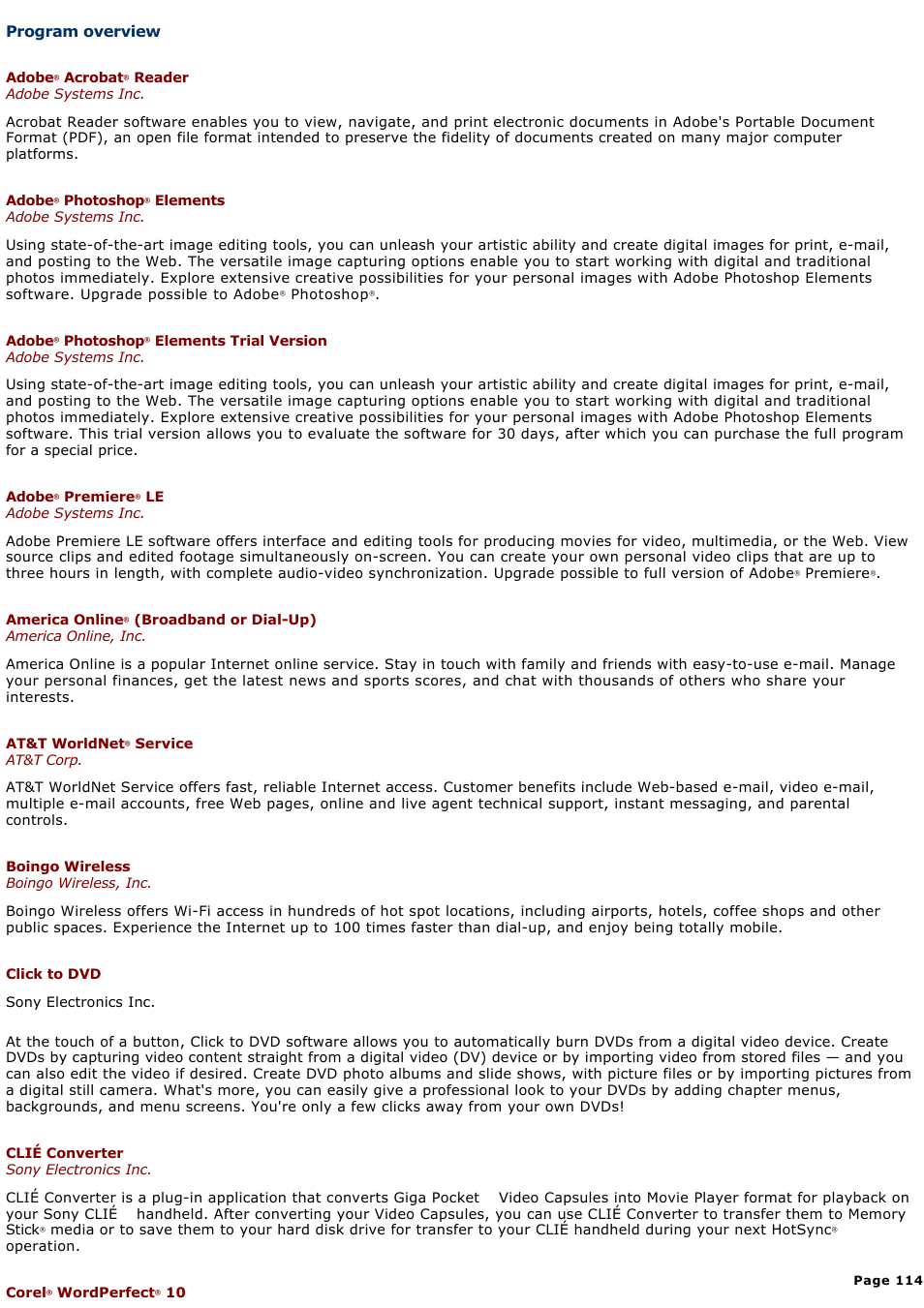 Program overview, Section, depending on the | Sony PCG-FR130 User Manual | Page 114 / 150
