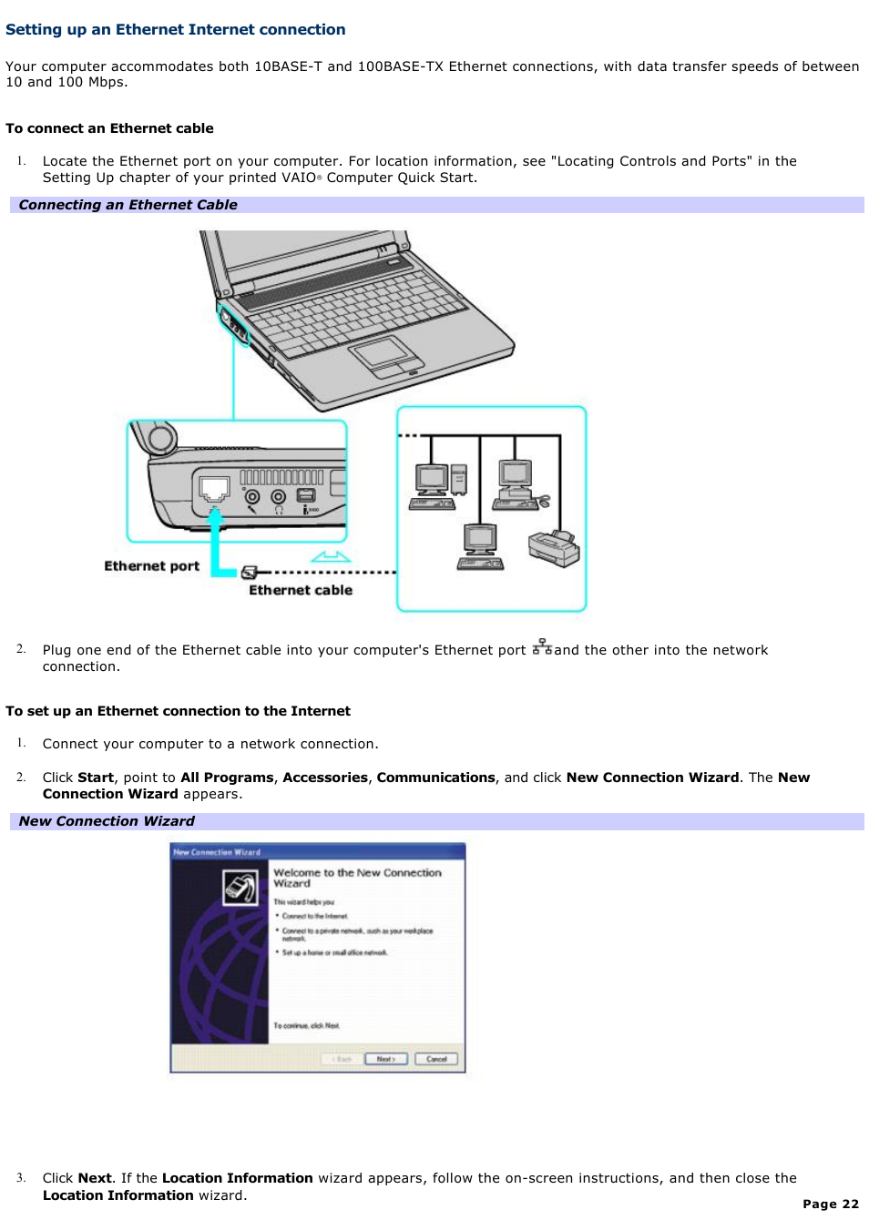 Setting up an ethernet internet connection | Sony PCG-FR130 User Manual | Page 22 / 150