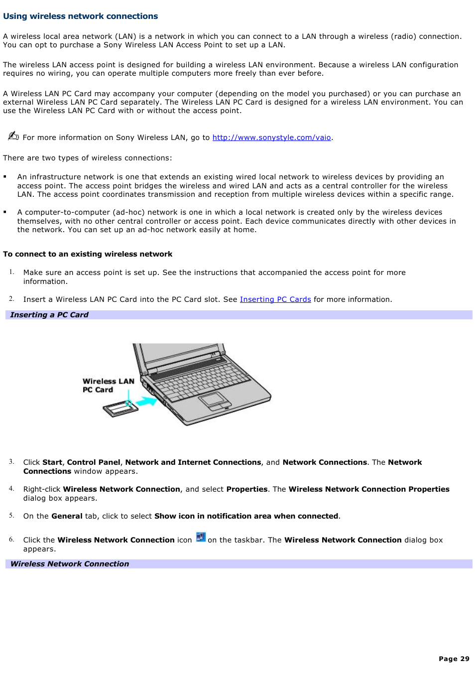 Using wireless network connections | Sony PCG-FR130 User Manual | Page 29 / 150