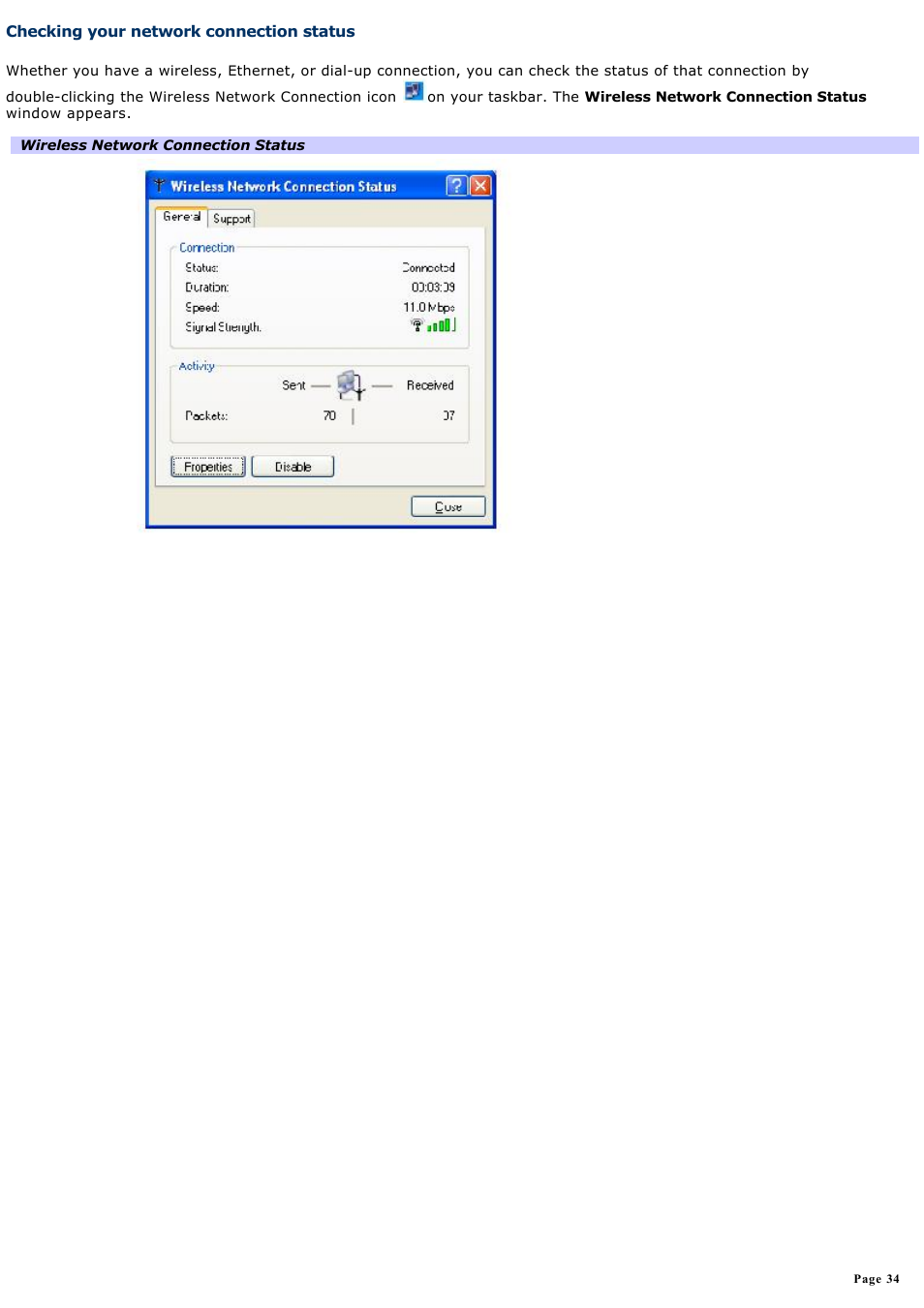 Checking your network connection status, Move the wireless lan switch to | Sony PCG-FR130 User Manual | Page 34 / 150