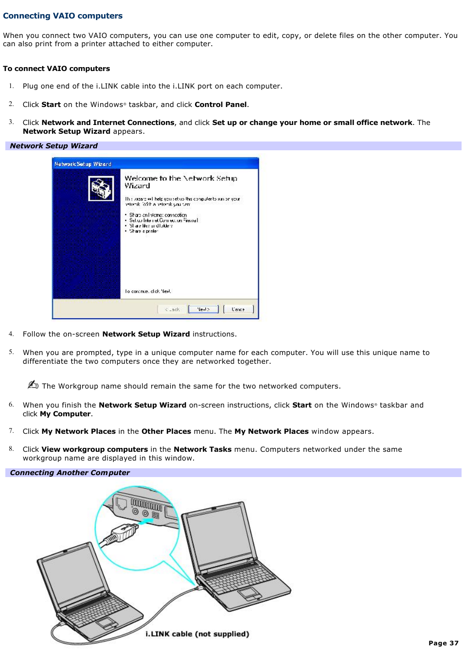 Connecting vaio computers | Sony PCG-FR130 User Manual | Page 37 / 150