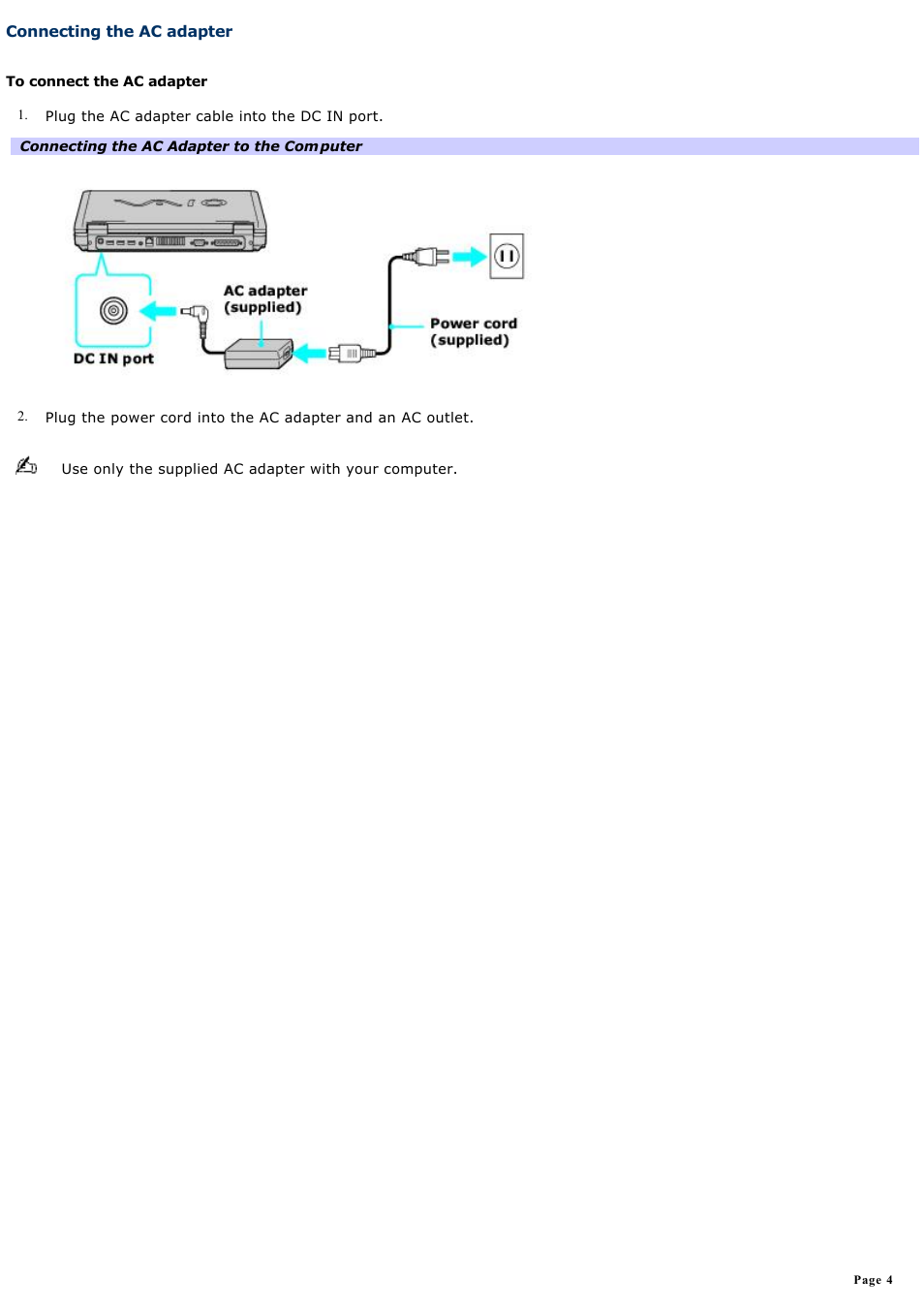 Connecting the ac adapter | Sony PCG-FR130 User Manual | Page 4 / 150