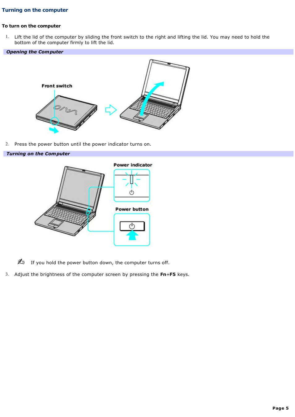 Turning on the computer | Sony PCG-FR130 User Manual | Page 5 / 150