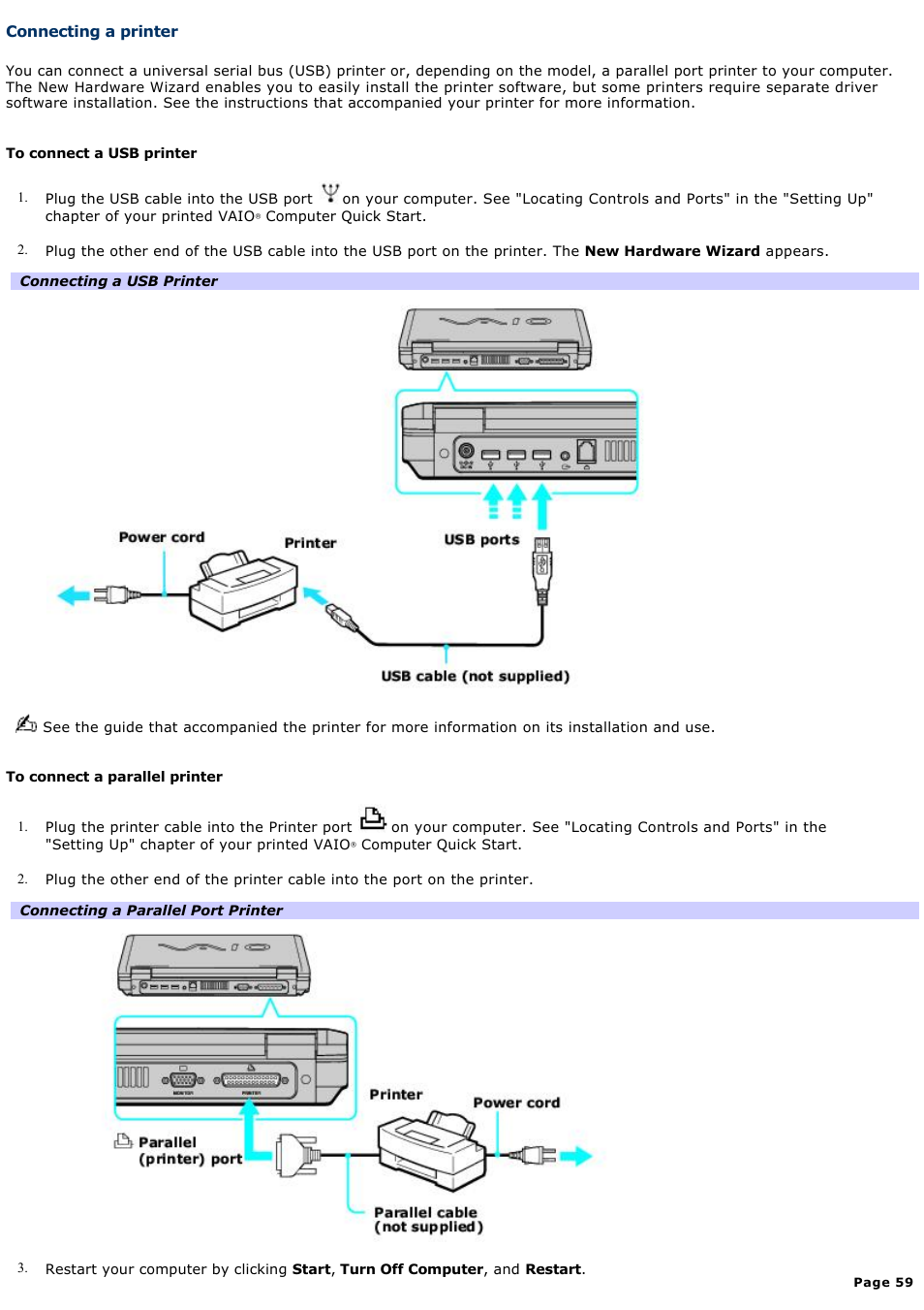 Connecting a printer | Sony PCG-FR130 User Manual | Page 59 / 150