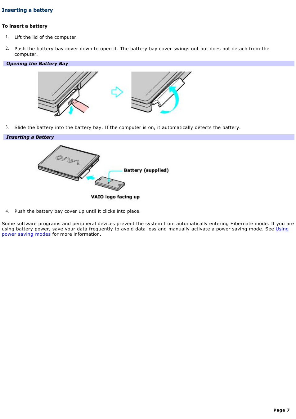 Inserting a battery | Sony PCG-FR130 User Manual | Page 7 / 150