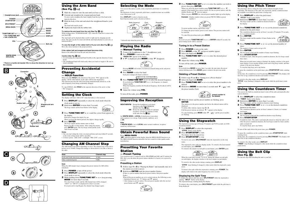 Using the arm band, Preventing accidental change, Setting the clock | Changing am channel step, Selecting the mode, Playing the radio, Improving the reception, Obtain powerful bass sound, Presetting your favorite station, Using the stopwatch | Sony SRF-M85W User Manual | Page 2 / 2