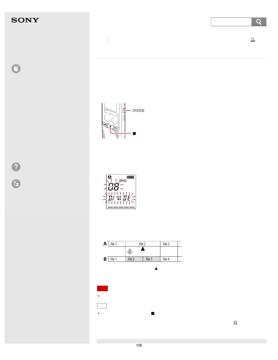 Dividing a file, Help guide, How to use | Troubleshooting list of topics, Icd-bx140 | Sony ICD-BX140 User Manual | Page 112 / 180
