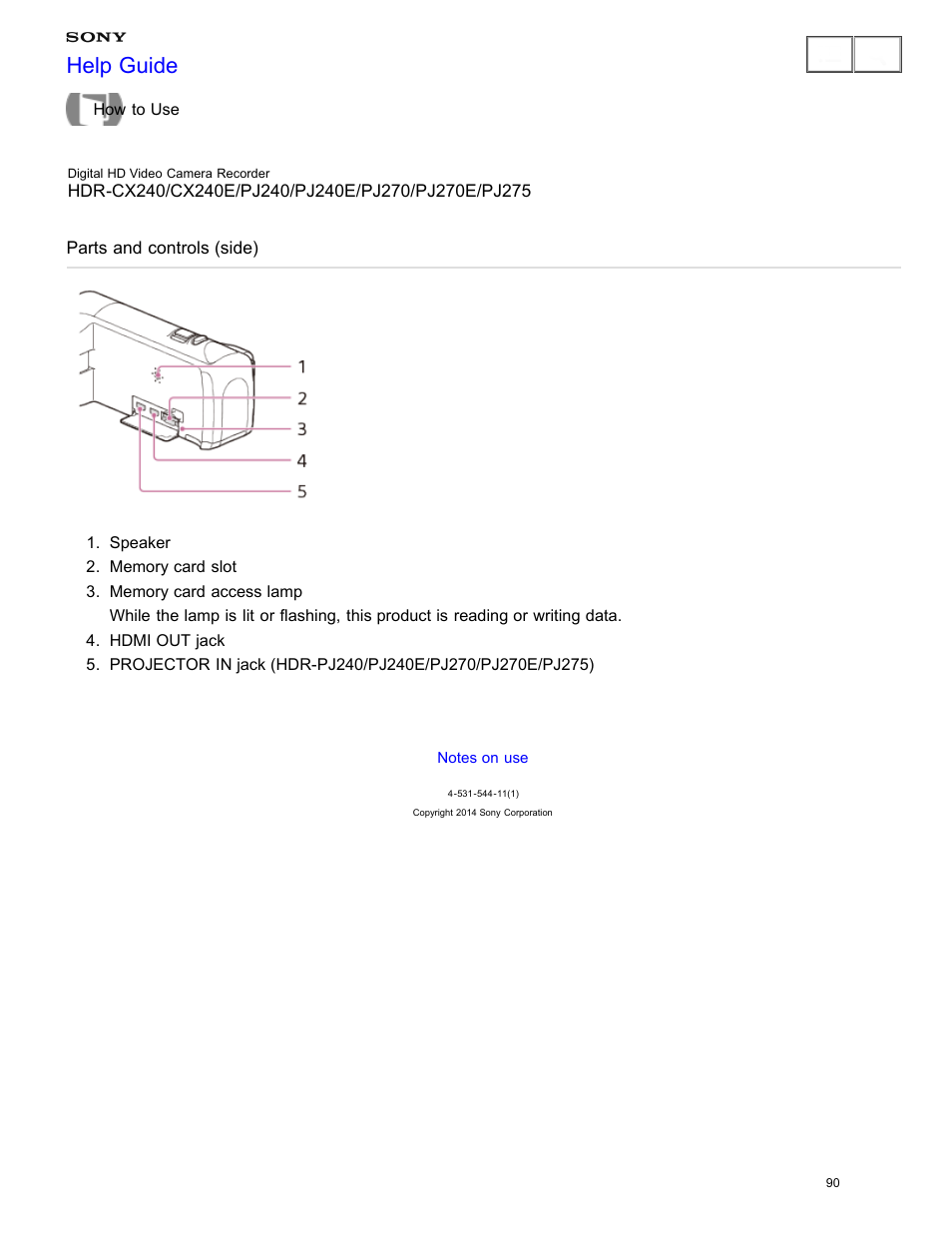 Parts and controls (side), Help guide | Sony HDR-CX240 User Manual | Page 100 / 351