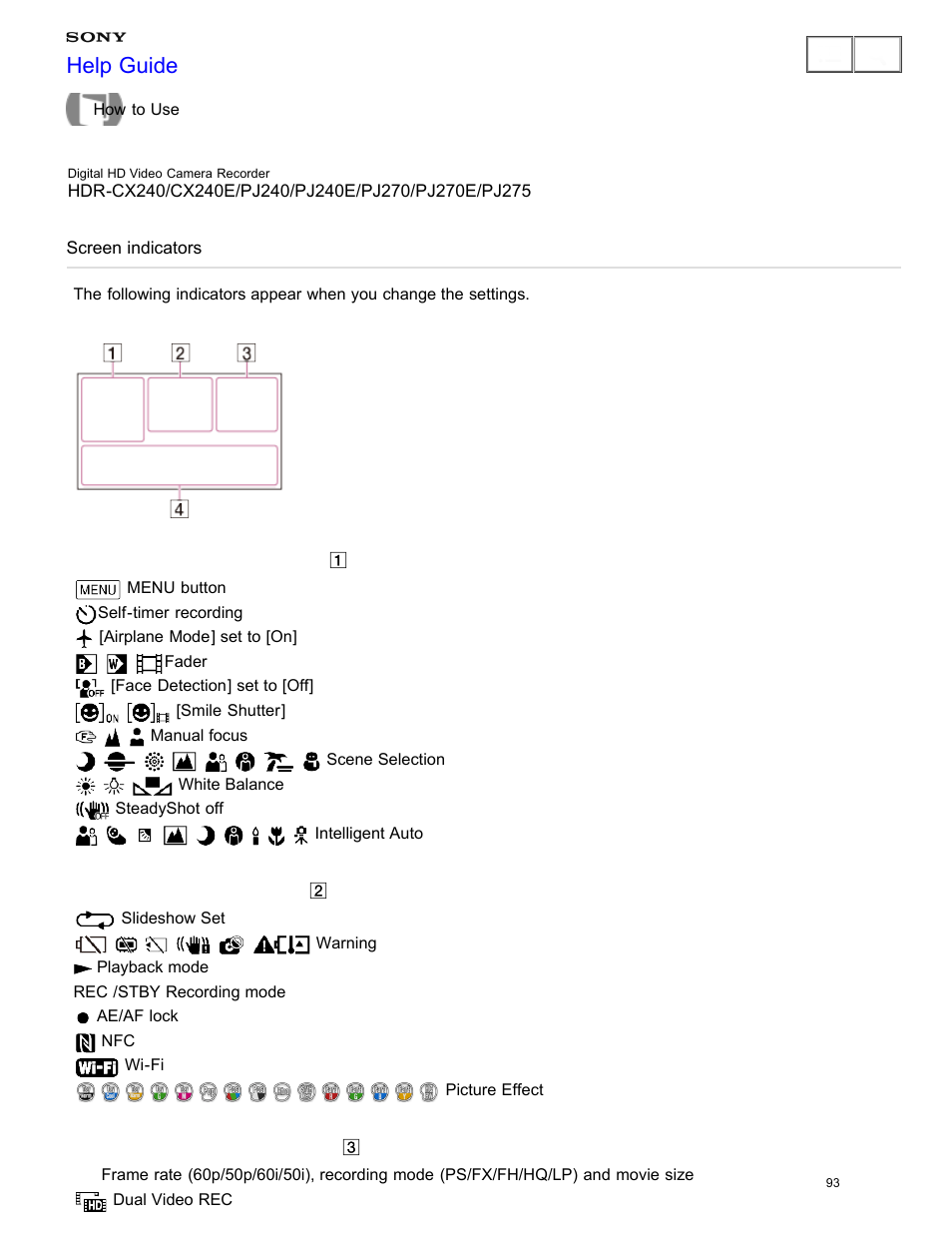 Screen indicators, Help guide | Sony HDR-CX240 User Manual | Page 103 / 351