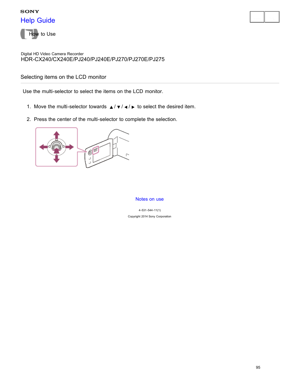 Selecting items on the lcd monitor, Help guide | Sony HDR-CX240 User Manual | Page 105 / 351