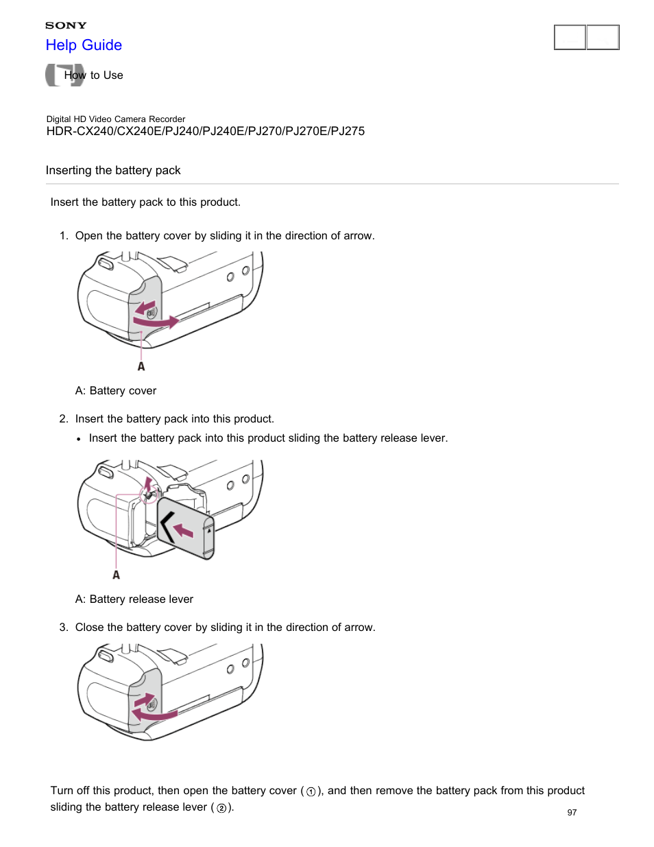 Inserting the battery pack, Insert the battery pack to this product, Help guide | Sony HDR-CX240 User Manual | Page 107 / 351