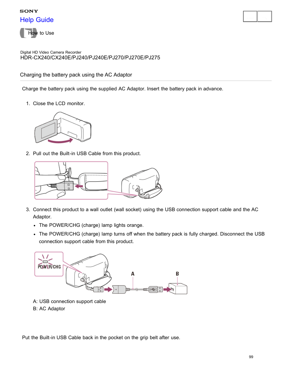 Charging the battery pack using the ac adaptor, Help guide | Sony HDR-CX240 User Manual | Page 109 / 351
