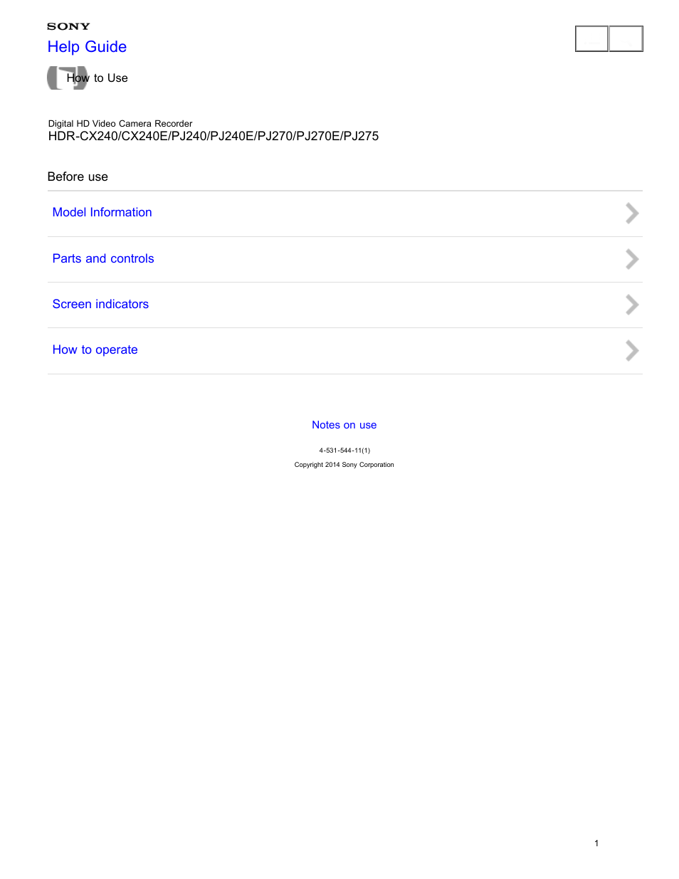 Before use, Help guide | Sony HDR-CX240 User Manual | Page 11 / 351