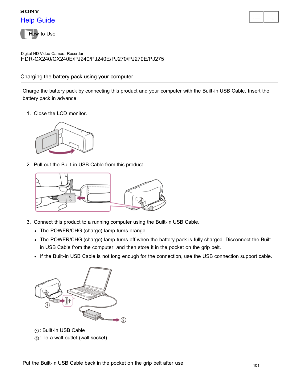 Charging the battery pack using your computer, Help guide | Sony HDR-CX240 User Manual | Page 111 / 351