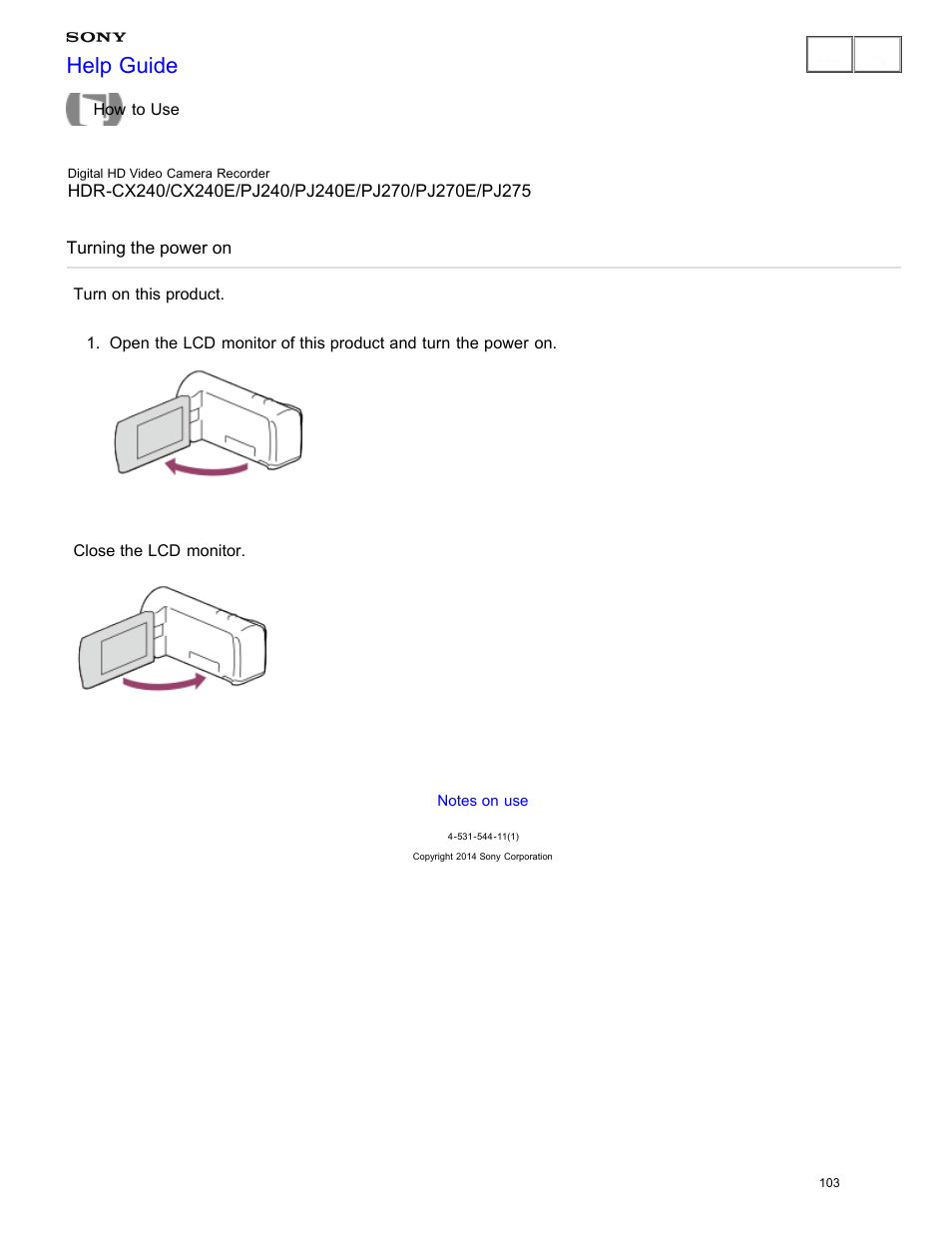Turning the power on, Turn on this product, Help guide | Sony HDR-CX240 User Manual | Page 113 / 351