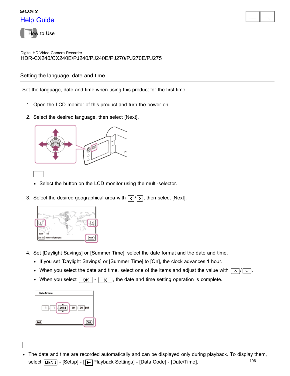Setting the language, date and time, Help guide | Sony HDR-CX240 User Manual | Page 116 / 351