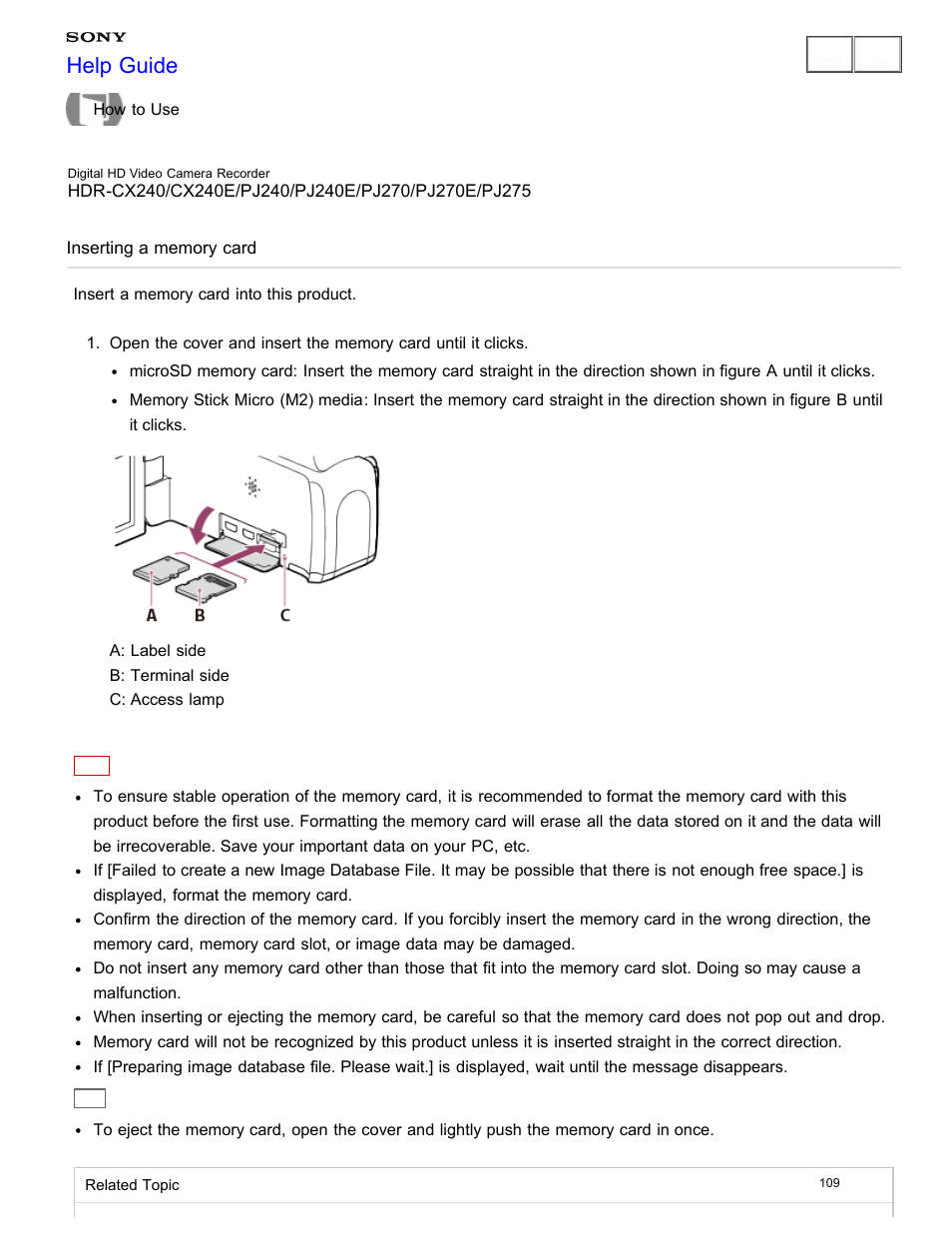 Inserting a memory card, Shows how to insert a memory card, Help guide | Sony HDR-CX240 User Manual | Page 119 / 351