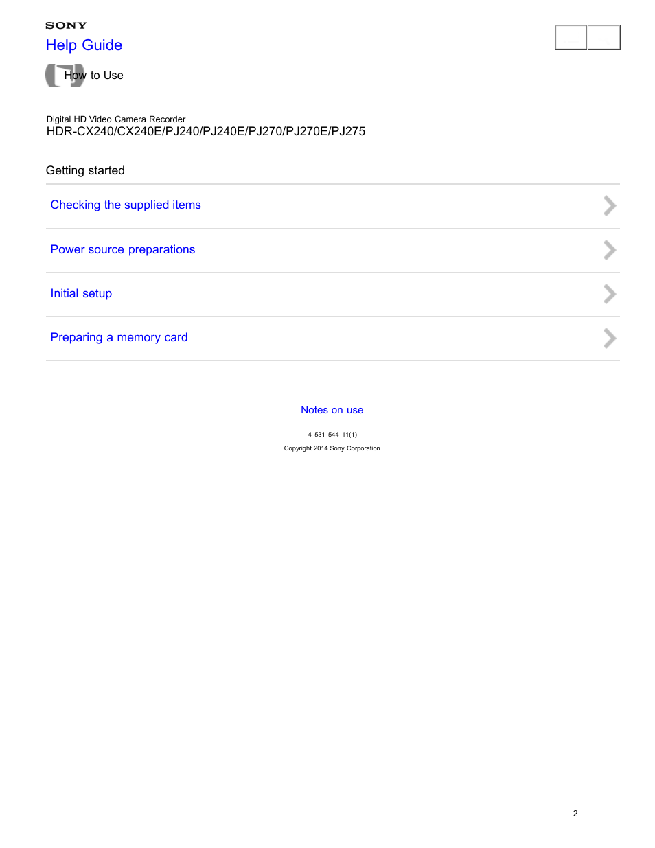 Getting started, Help guide | Sony HDR-CX240 User Manual | Page 12 / 351