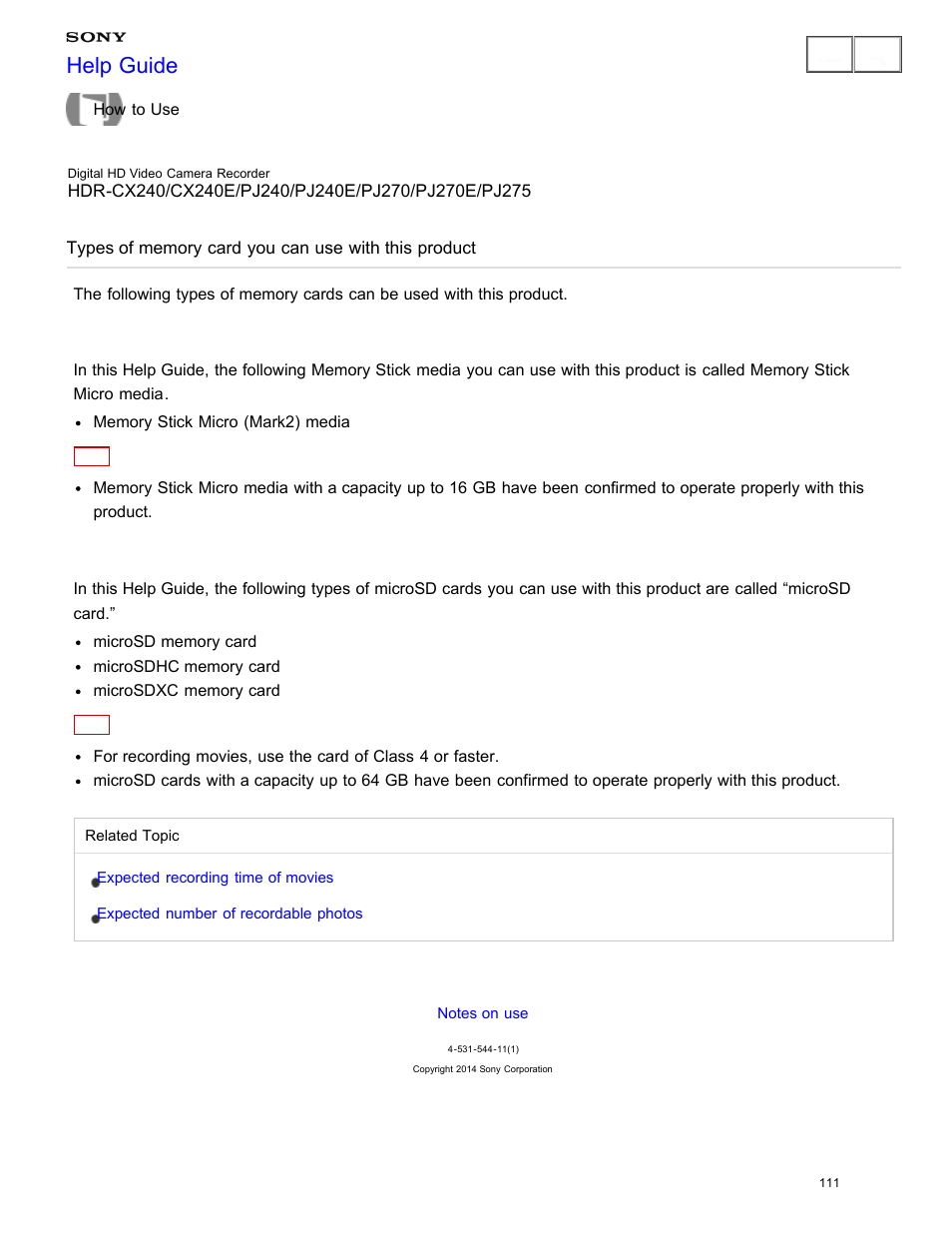 Types of memory card you can use with this product, Help guide | Sony HDR-CX240 User Manual | Page 121 / 351