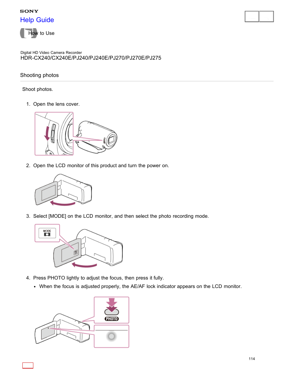 Shooting photos, Shoot photos, Help guide | Sony HDR-CX240 User Manual | Page 124 / 351