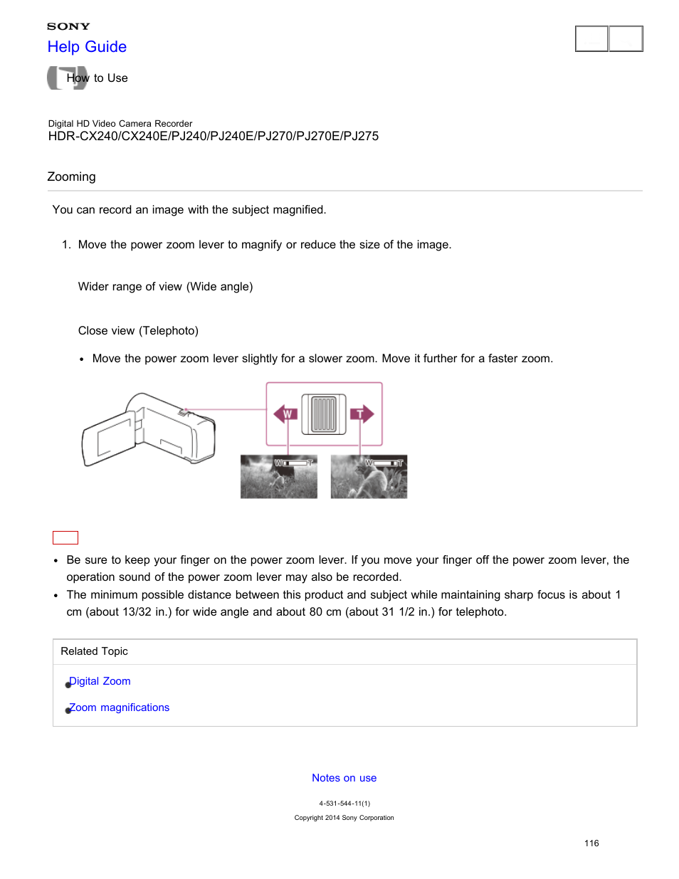 Zooming, You can record an image with the subject magnified, Help guide | Sony HDR-CX240 User Manual | Page 126 / 351