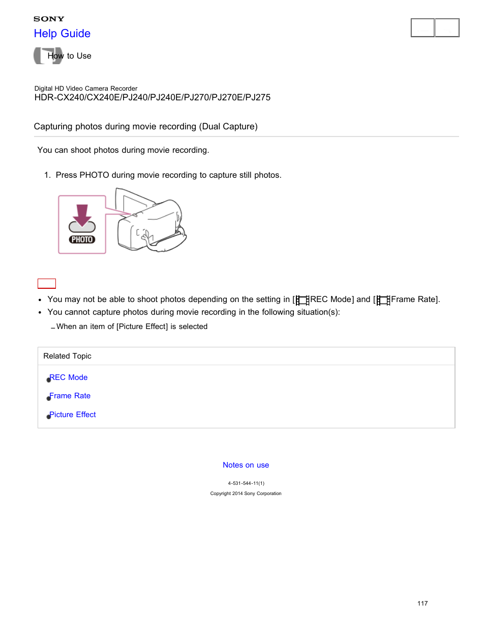 You can shoot photos during movie recording, Help guide | Sony HDR-CX240 User Manual | Page 127 / 351