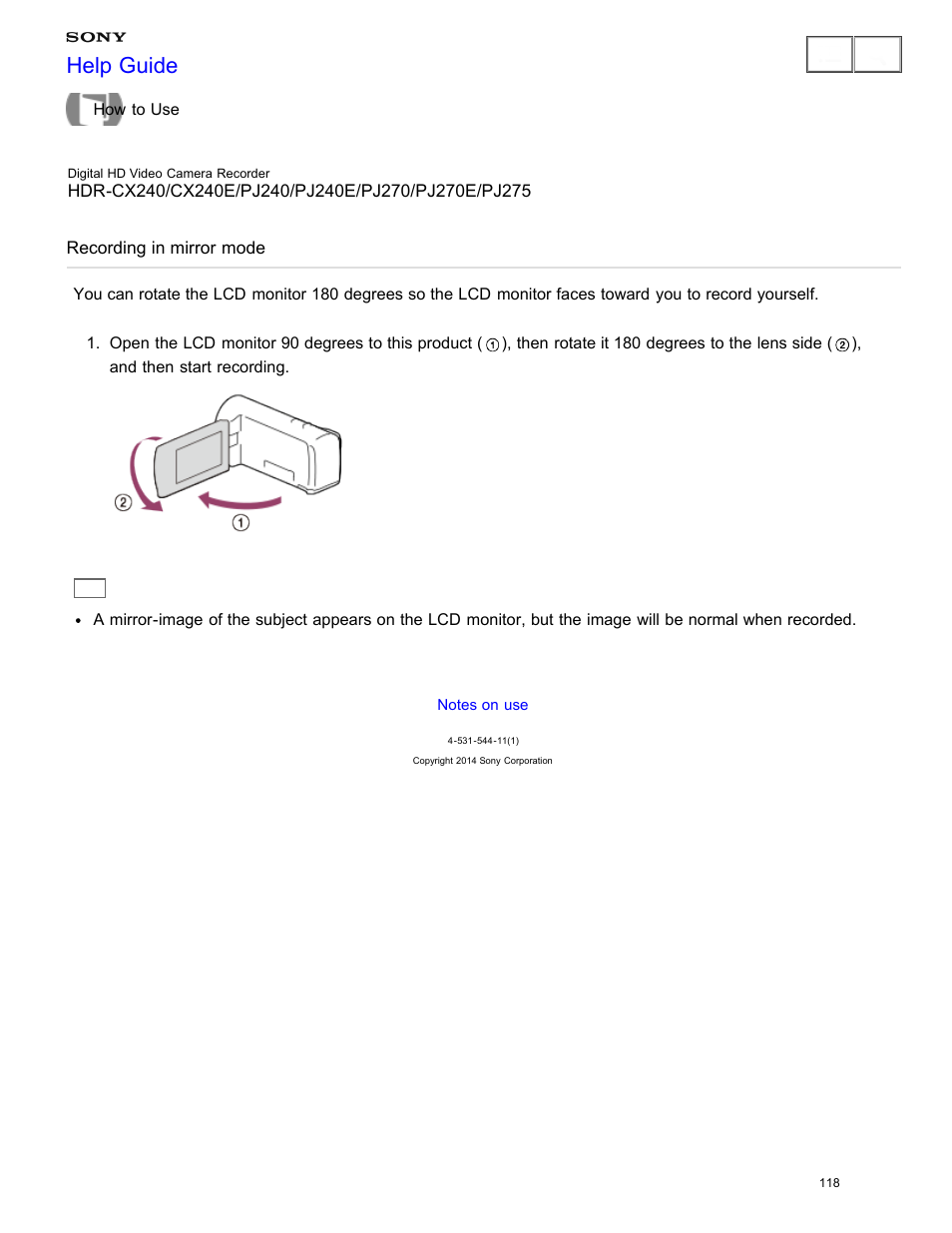 Recording in mirror mode, Help guide | Sony HDR-CX240 User Manual | Page 128 / 351