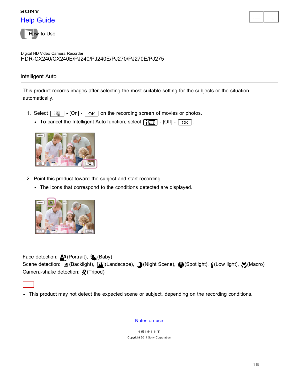 Intelligent auto, Help guide | Sony HDR-CX240 User Manual | Page 129 / 351