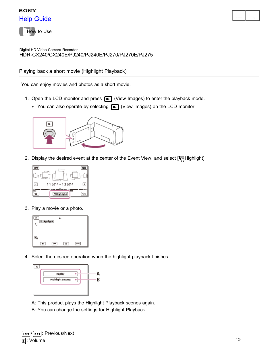 Playing back a short movie (highlight playback), Help guide | Sony HDR-CX240 User Manual | Page 134 / 351