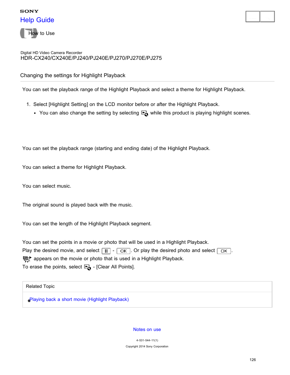 Changing the settings for highlight playback, Help guide | Sony HDR-CX240 User Manual | Page 136 / 351