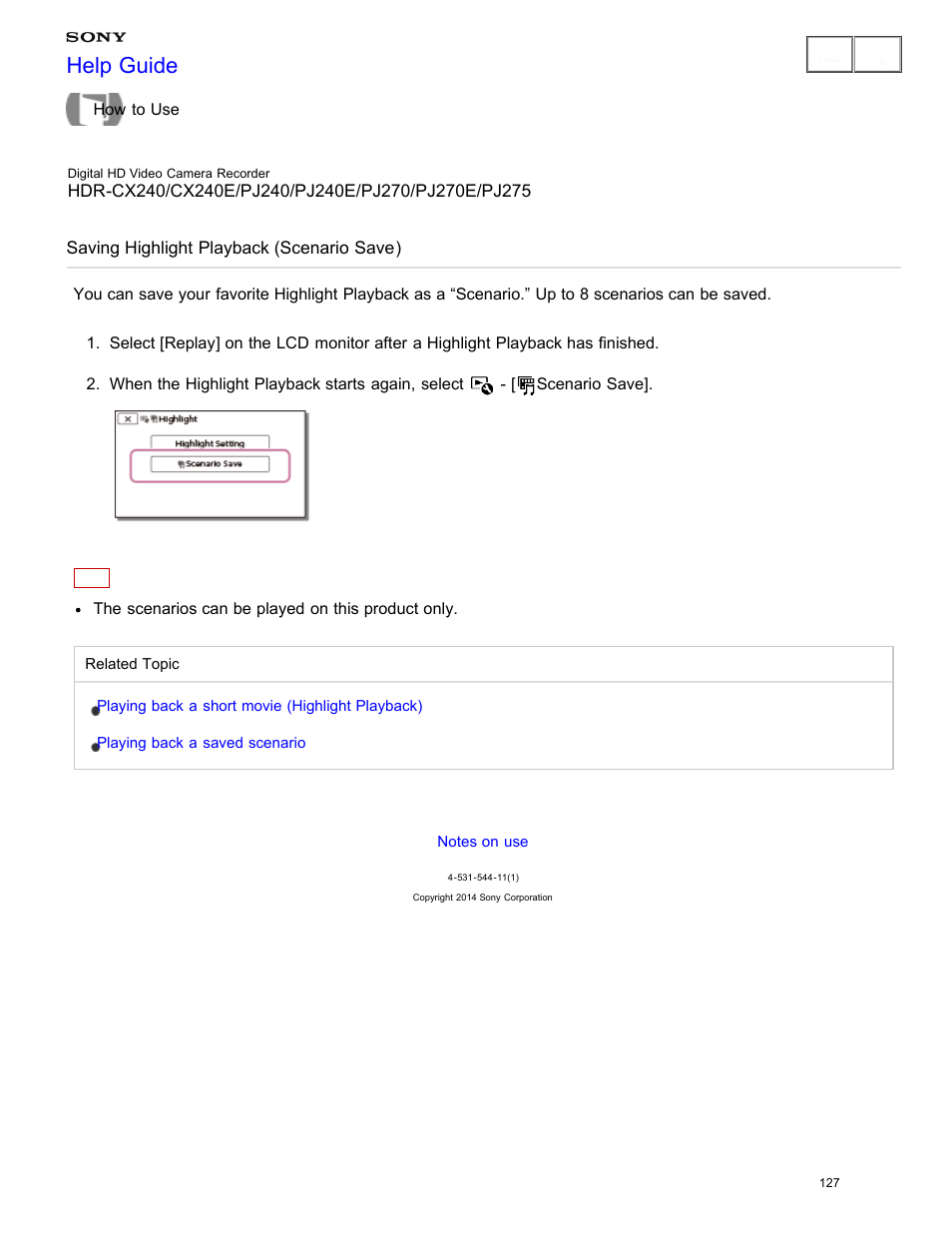 Saving highlight playback (scenario save), Help guide | Sony HDR-CX240 User Manual | Page 137 / 351