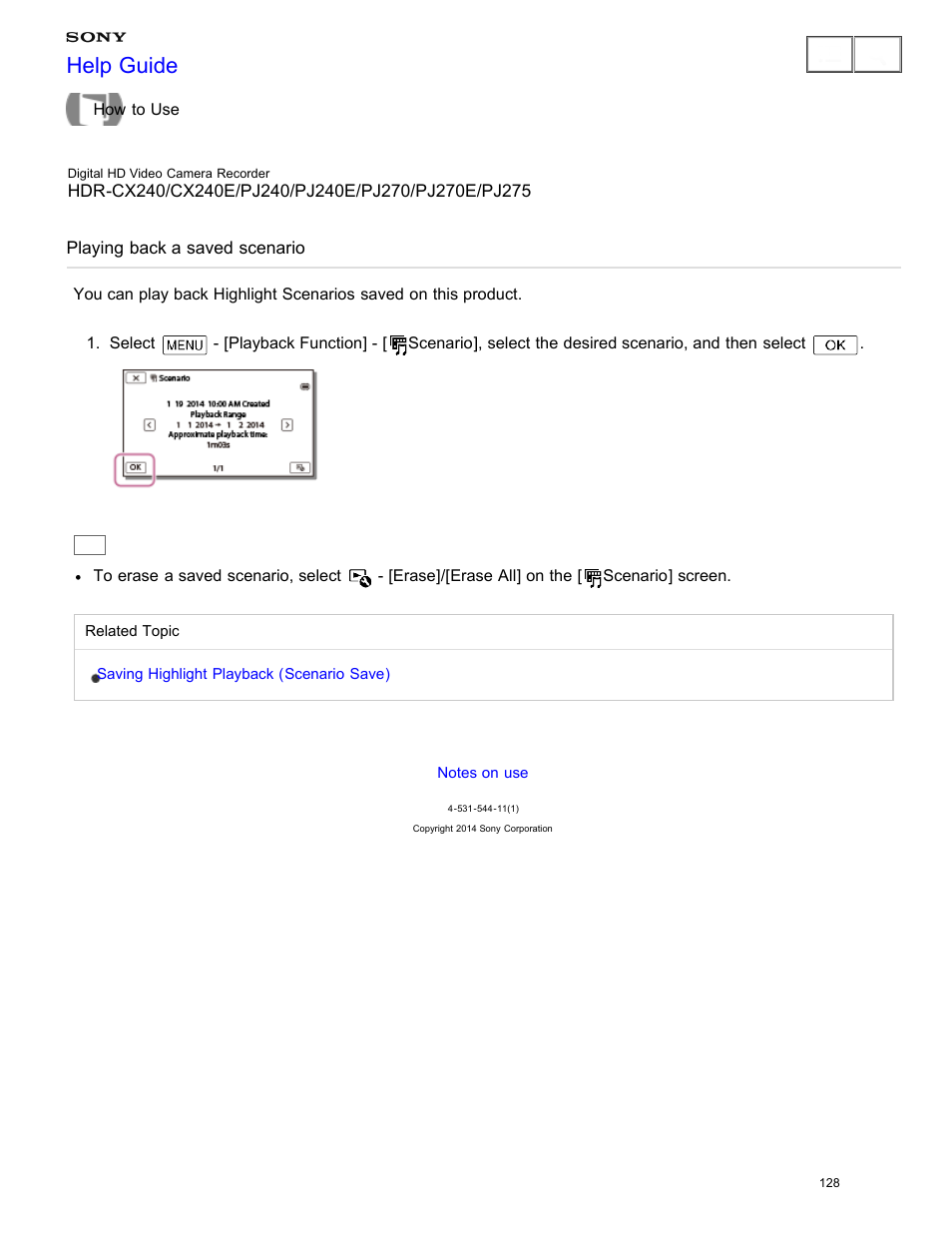 Playing back a saved scenario, Help guide | Sony HDR-CX240 User Manual | Page 138 / 351