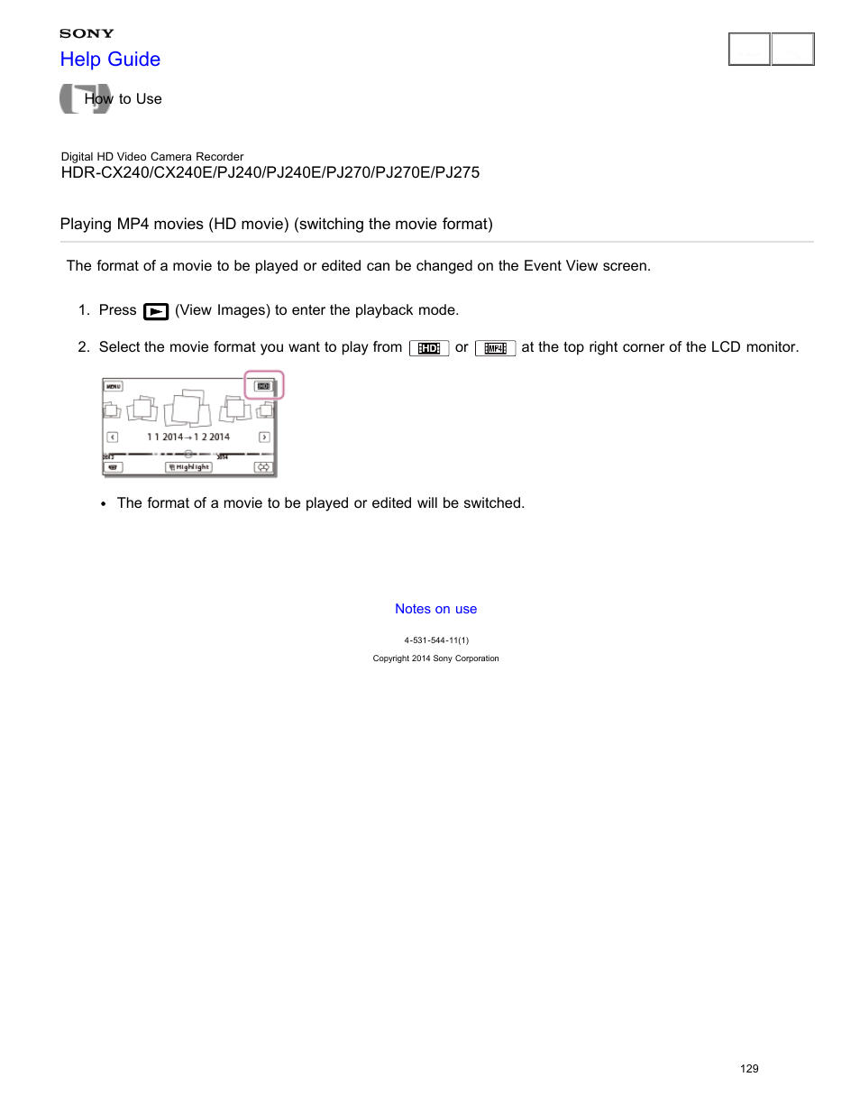 Playing mp4 movies (hd movie), Help guide | Sony HDR-CX240 User Manual | Page 139 / 351
