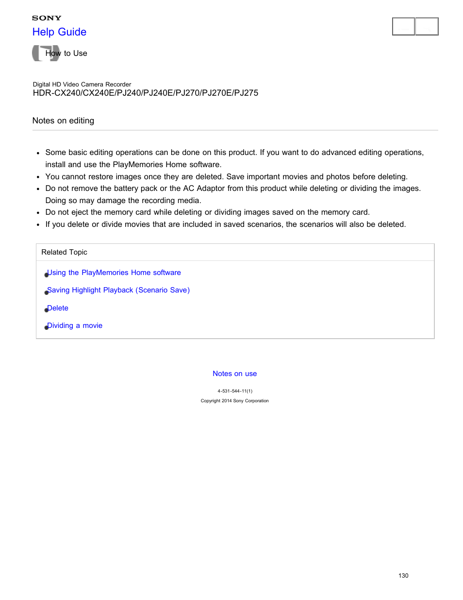 Notes on editing, Read the precautions regarding editing images, Help guide | Sony HDR-CX240 User Manual | Page 140 / 351