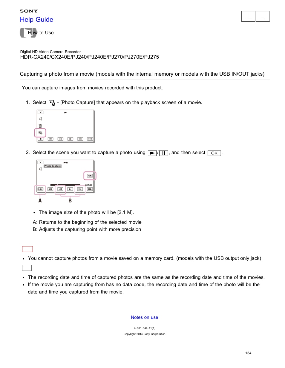 Capturing a photo from a movie, Help guide | Sony HDR-CX240 User Manual | Page 144 / 351