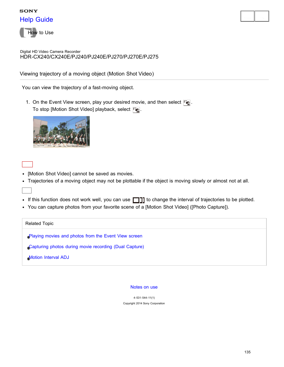 Viewing trajectory of a moving object, Help guide | Sony HDR-CX240 User Manual | Page 145 / 351