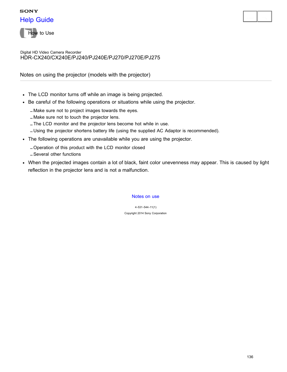 Notes on using the projector, Read the precautions regarding using the projector, Help guide | Sony HDR-CX240 User Manual | Page 146 / 351