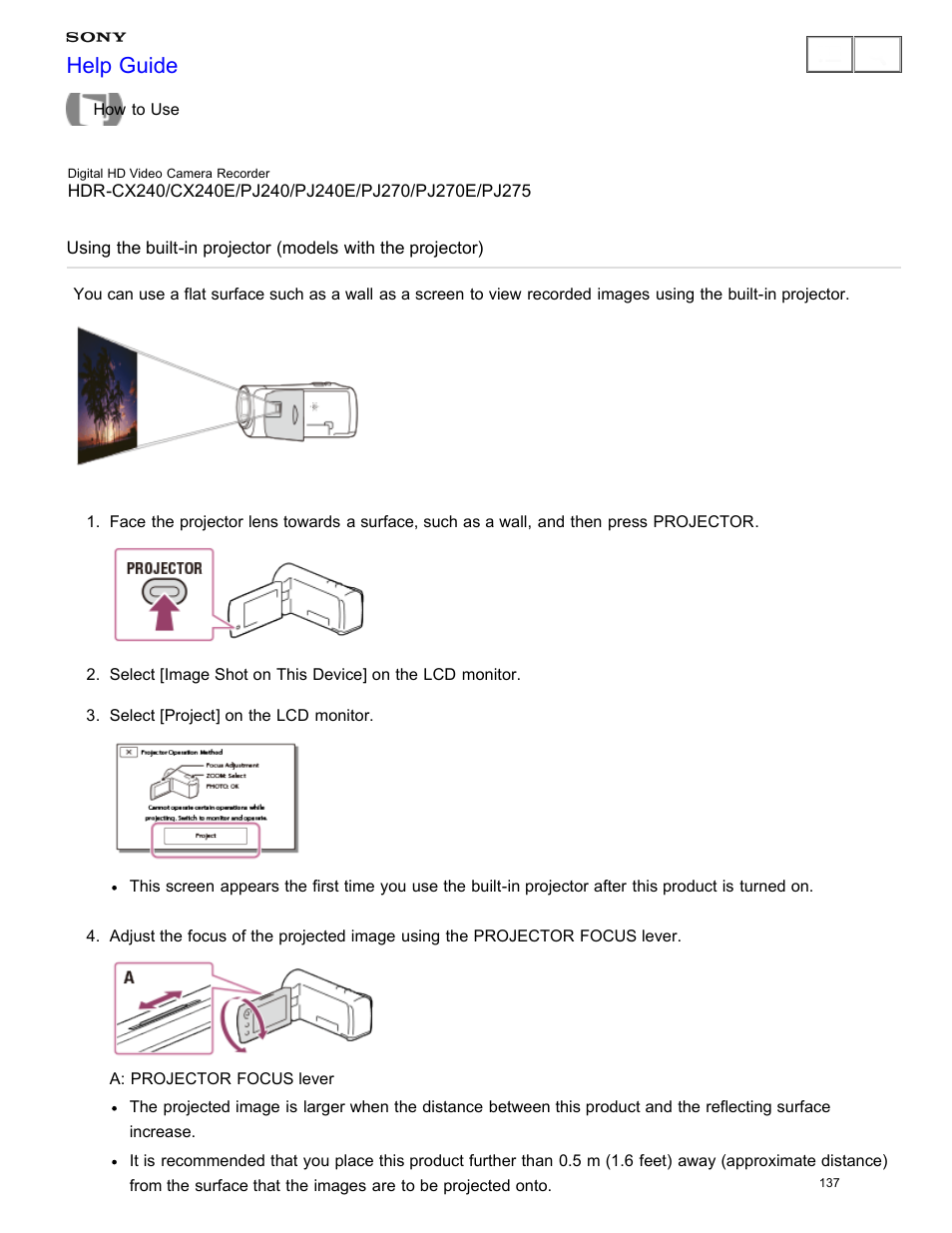 Using the built-in projector, Help guide | Sony HDR-CX240 User Manual | Page 147 / 351