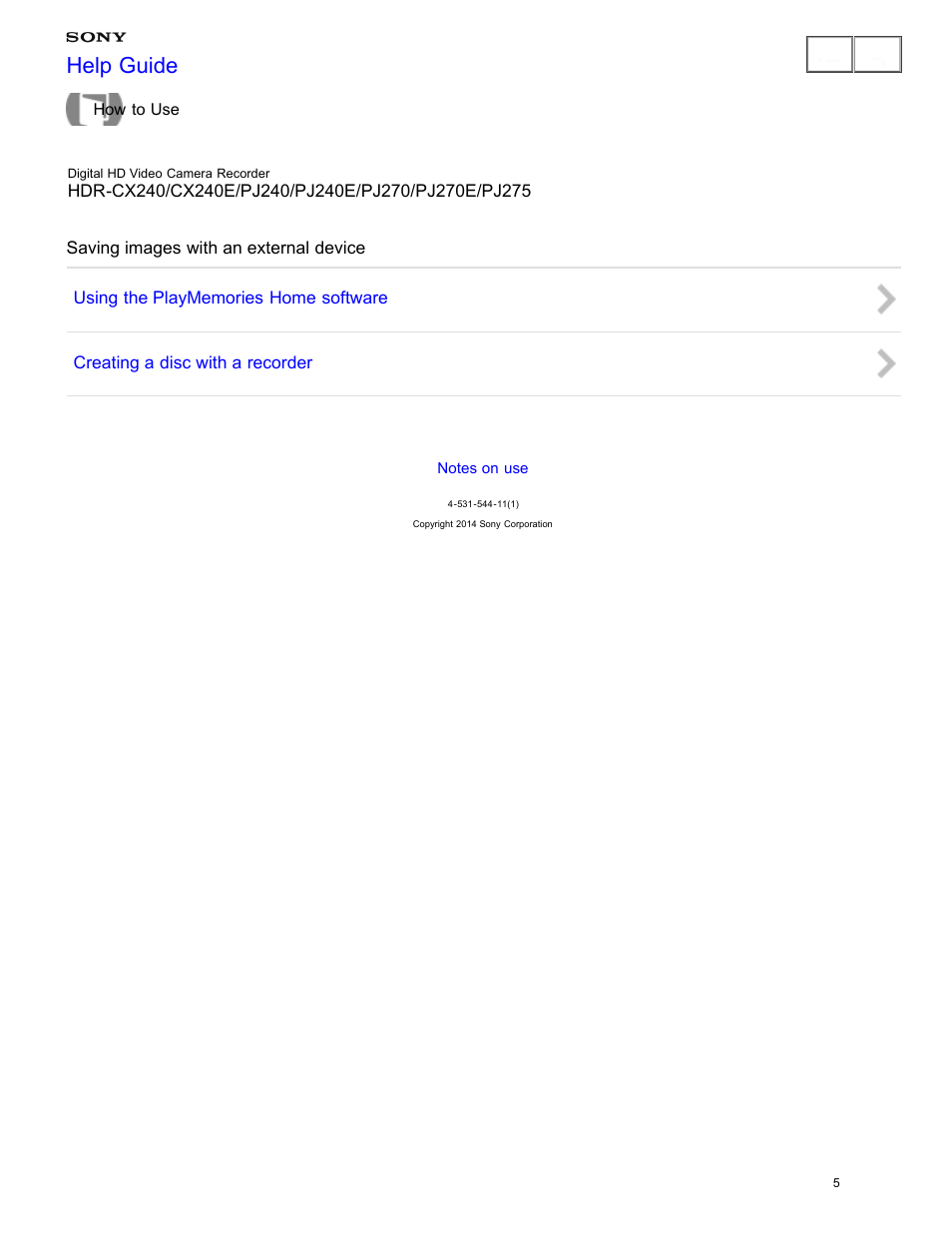 Saving images with an external device, Help guide | Sony HDR-CX240 User Manual | Page 15 / 351