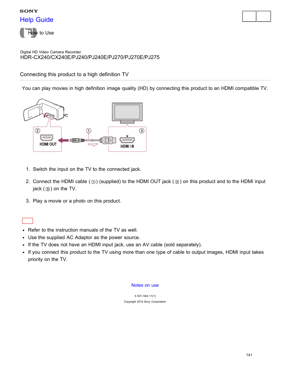 Connecting this product to a high definition tv, Help guide | Sony HDR-CX240 User Manual | Page 151 / 351